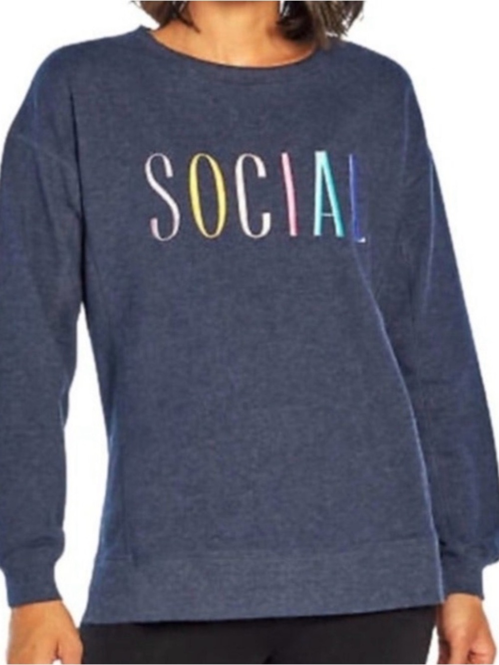 Wildfox "SOCIAL" Rainbow Embroidered French Terry Sweatshirt Navy Blue Cozycore
